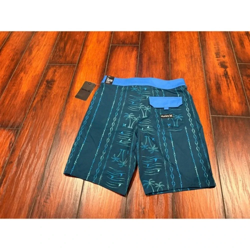 Kids Hurley Board Shorts Teal Blue 4‎ Way StretchPalm Tree Bone Print Size 10 25